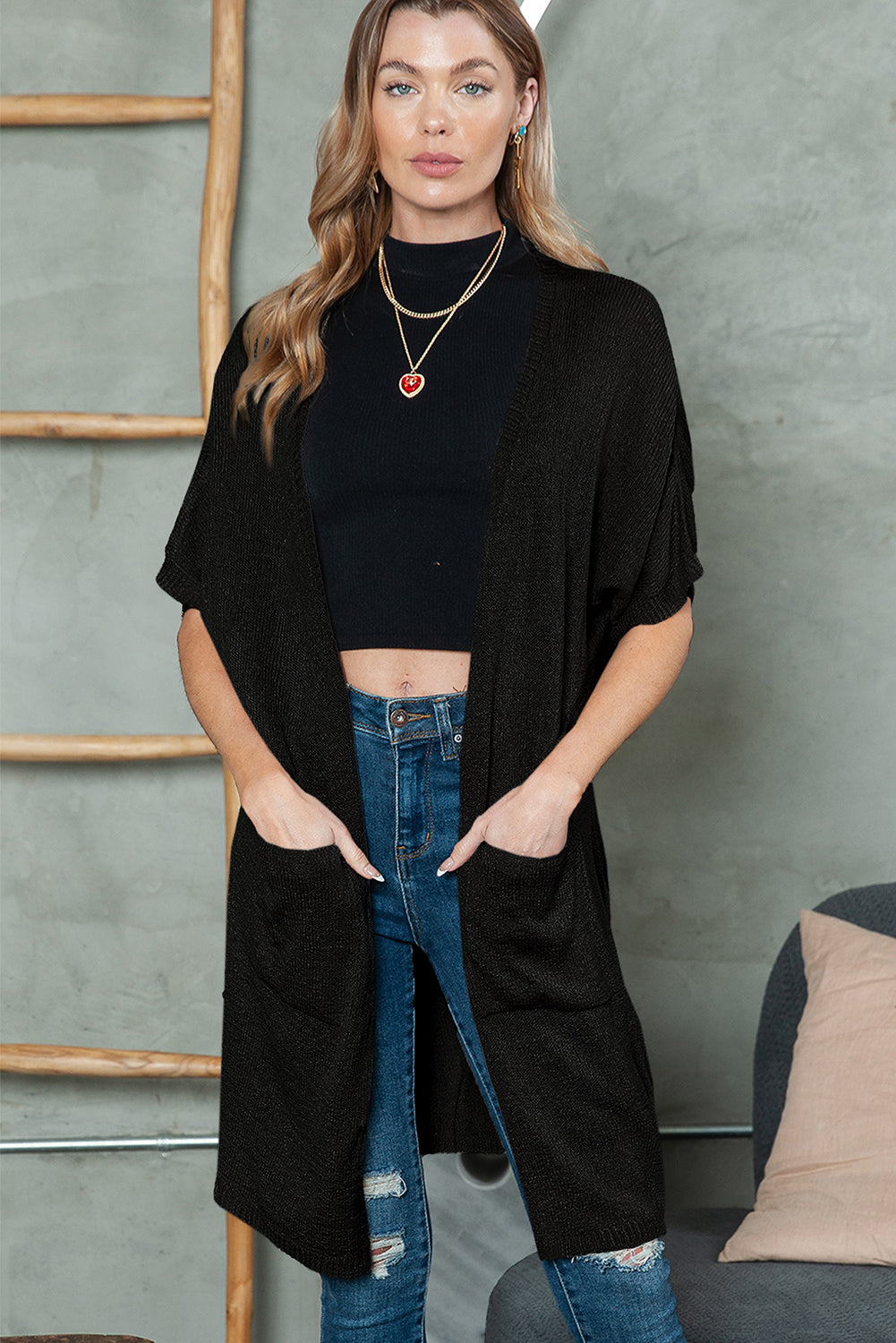 Black Dolman Half Sleeve Pocketed Long Cardigan