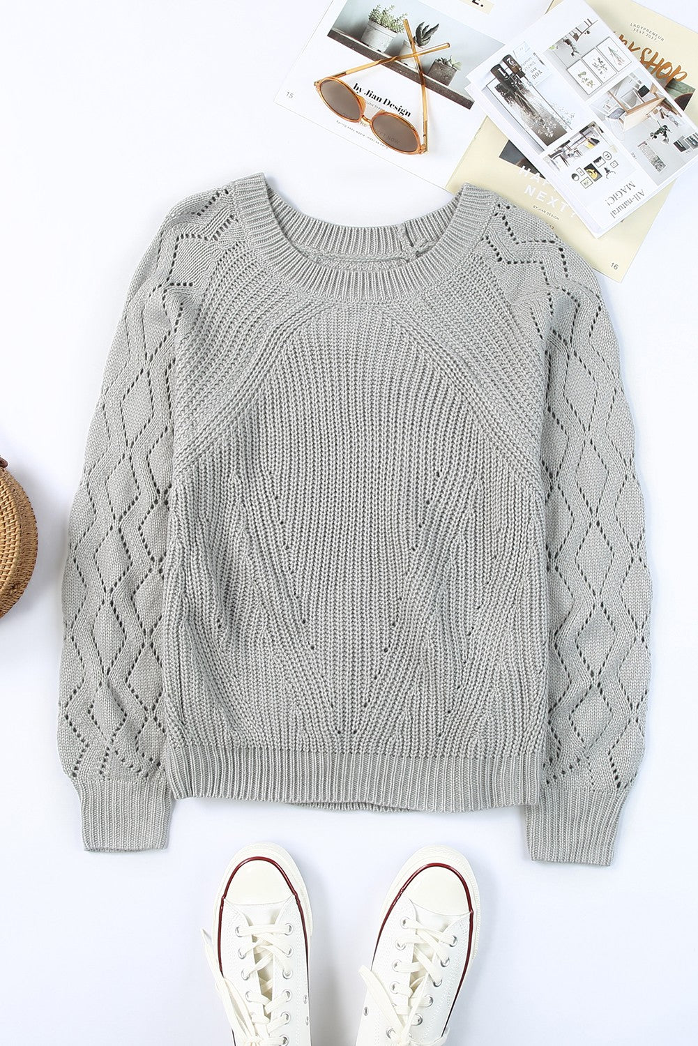 Plain Grey Knit Long Sleeve Pullover Sweater for Women