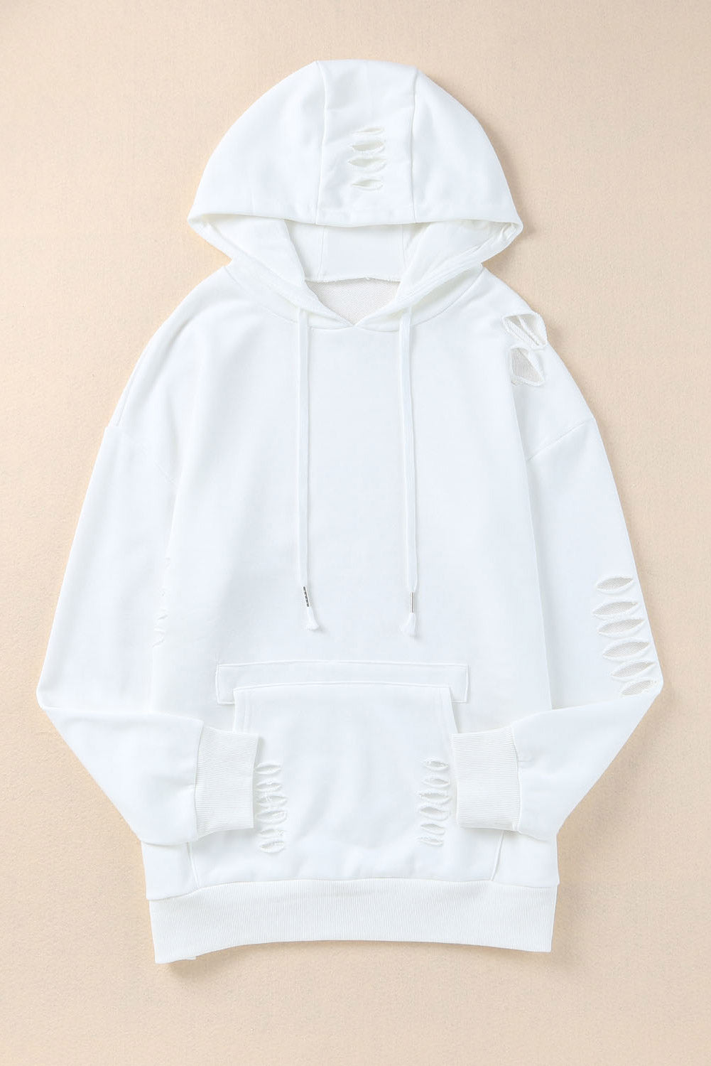 White Ripped Kangaroo Pocket Hooded Sweatshirt