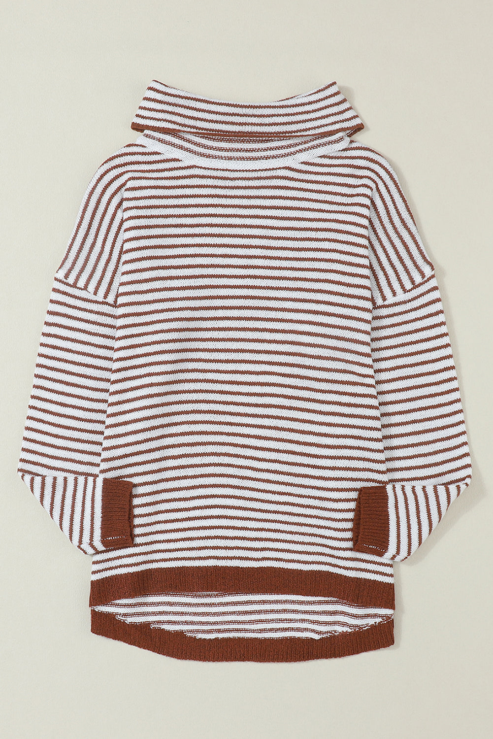 Khaki Striped Turtleneck Oversized Sweater