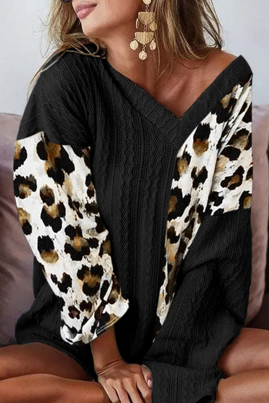 Black V Neck Leopard Colorblock Patchwork Long Sleeve Top