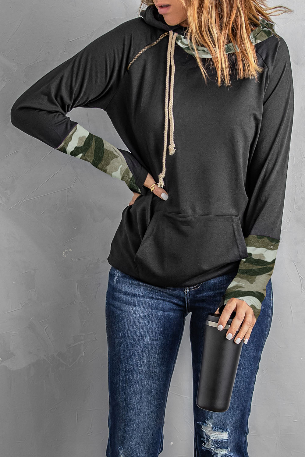 Black Raglan Sleeve Pullover Hoodie With Kangaroo Pocket