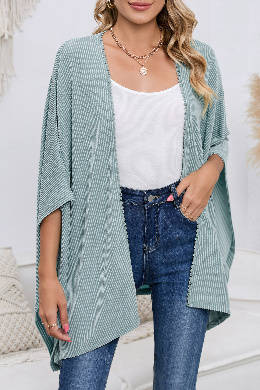 Apricot Textured Lace Trim Open Front Kimono Cardigan