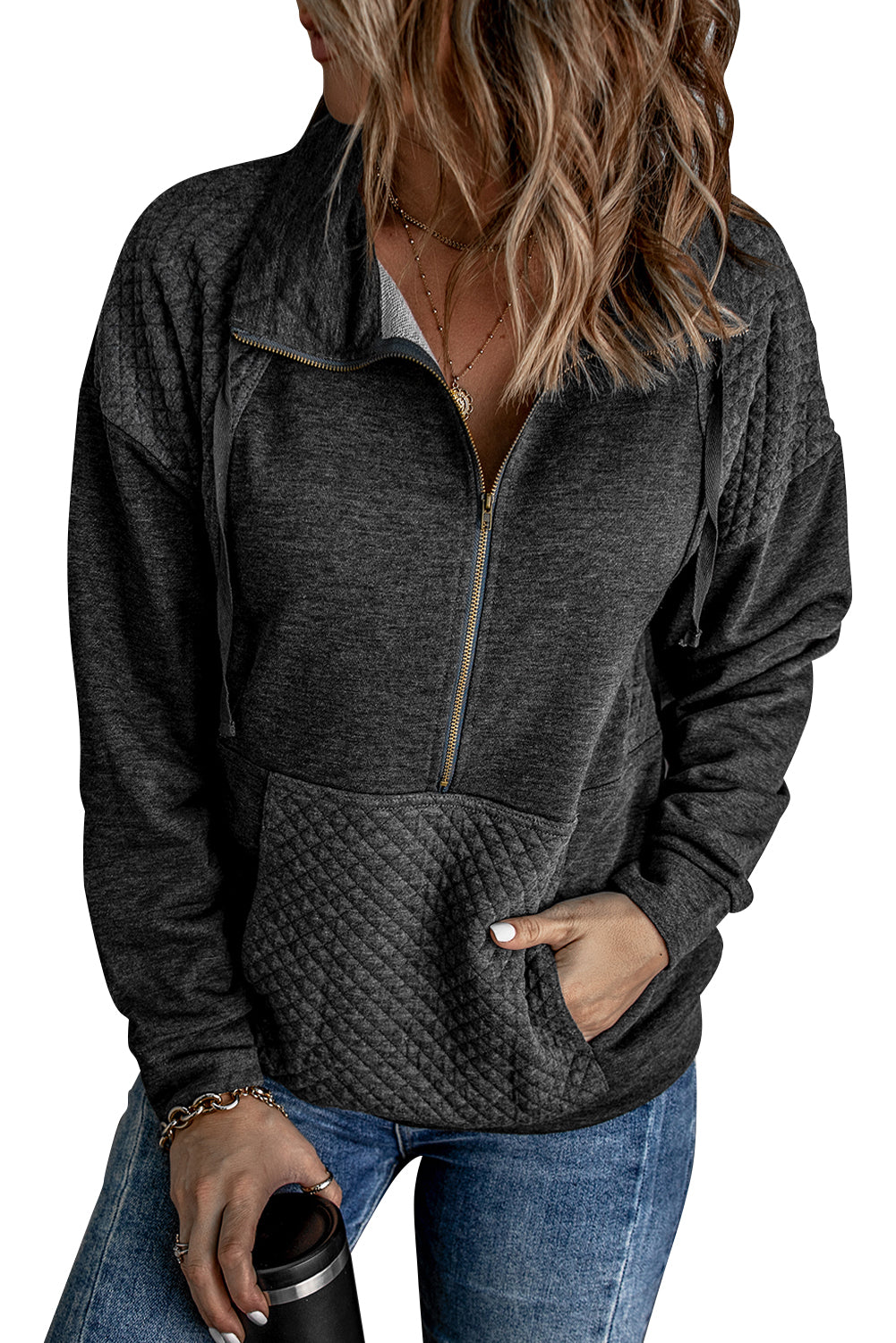 Dark Grey Quilted Kangaroo Pocket Half Zip Sweatshirt