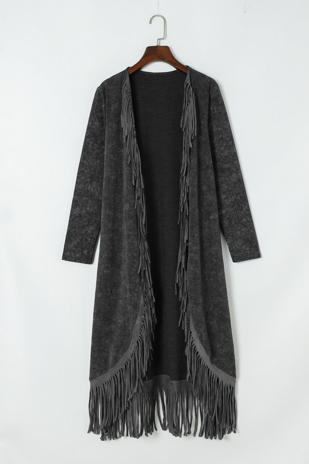 Black Mineral Washed Tassel Open Front Long Cardigan