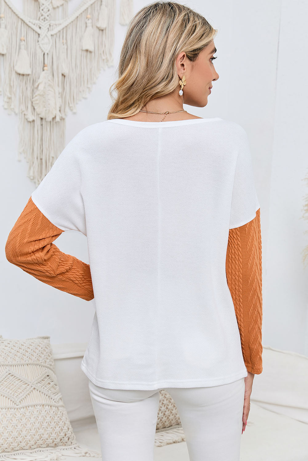 Peach Blossom Long Sleeve Patchwork Pocket Textured Knit Top