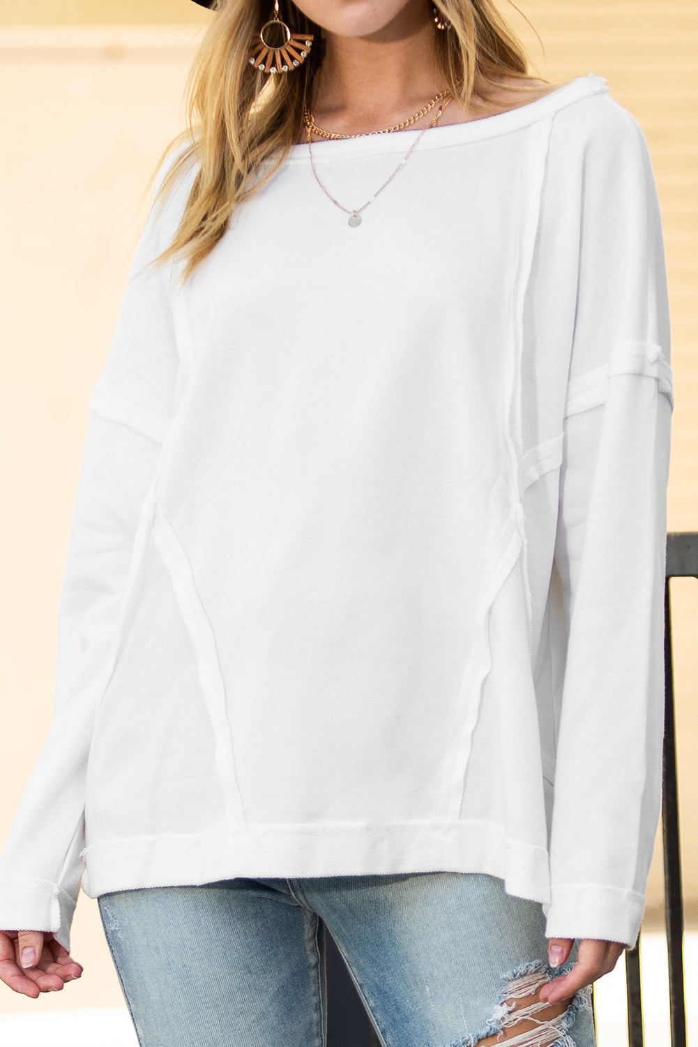 White Drop Shoulder Exposed Seam Oversized Sweatshirt