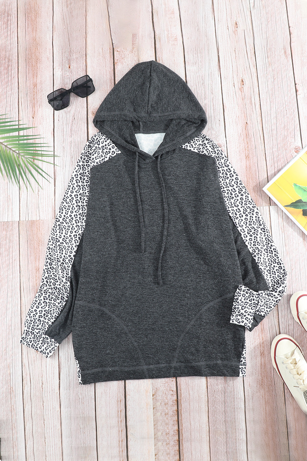 Gray Cheetah Print Drawstring Pullover Hoodie for Women