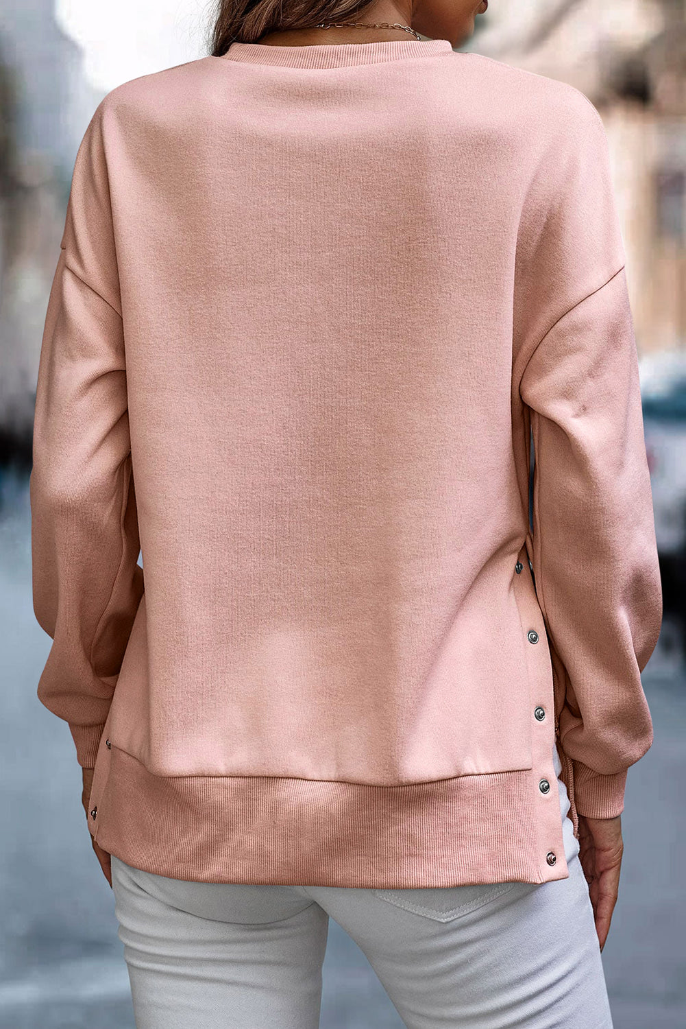 Light Pink Snap Button Side Slits Solid Color Sweatshirt