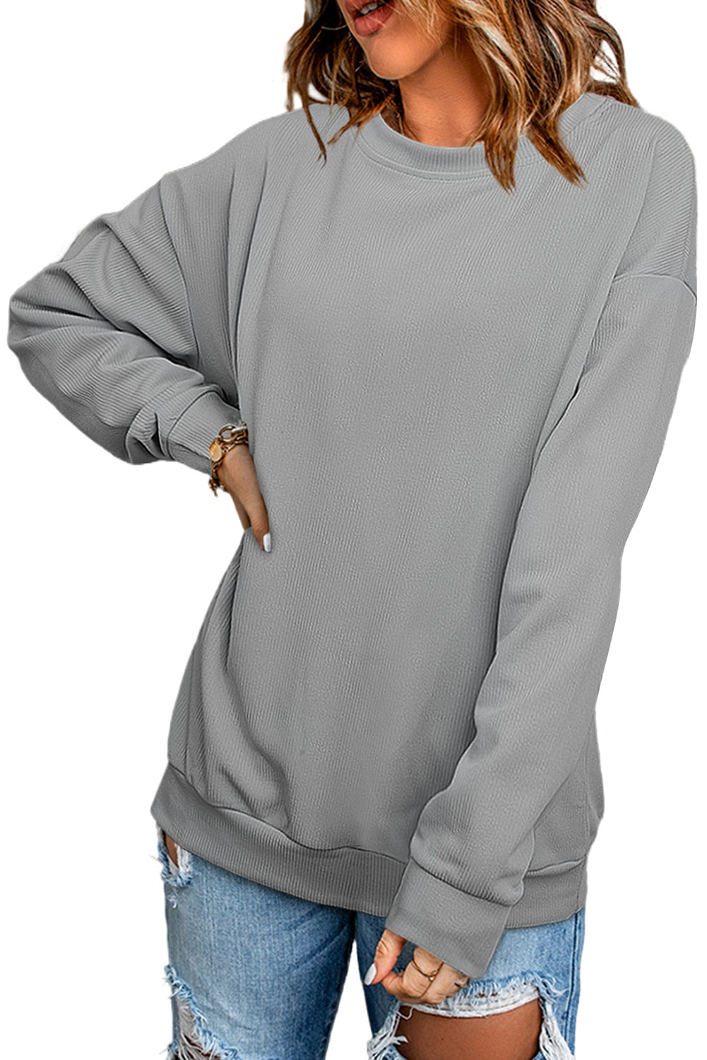 Gray Crew Neck Ribbed Oversized Sweatshirt