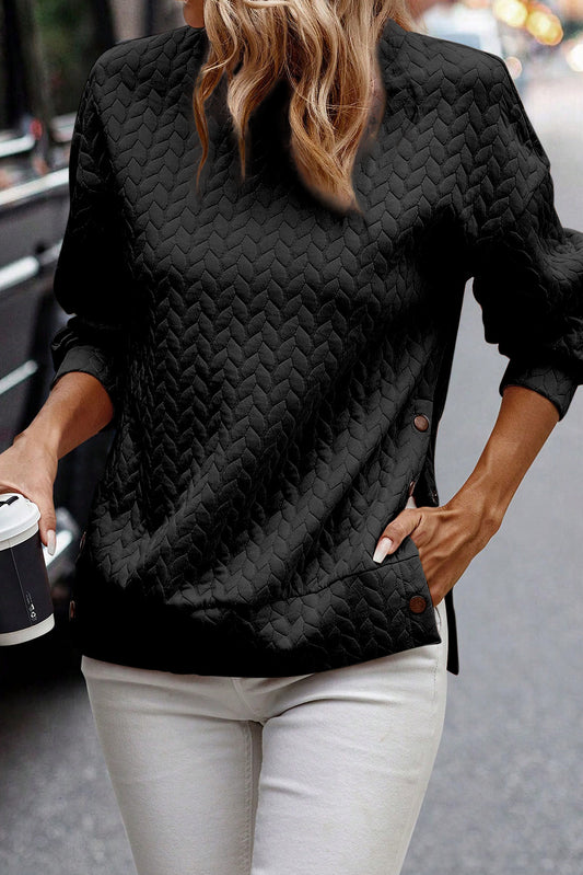 Black Quilted Snap Button Detail Drop Shoulder Sweatshirt