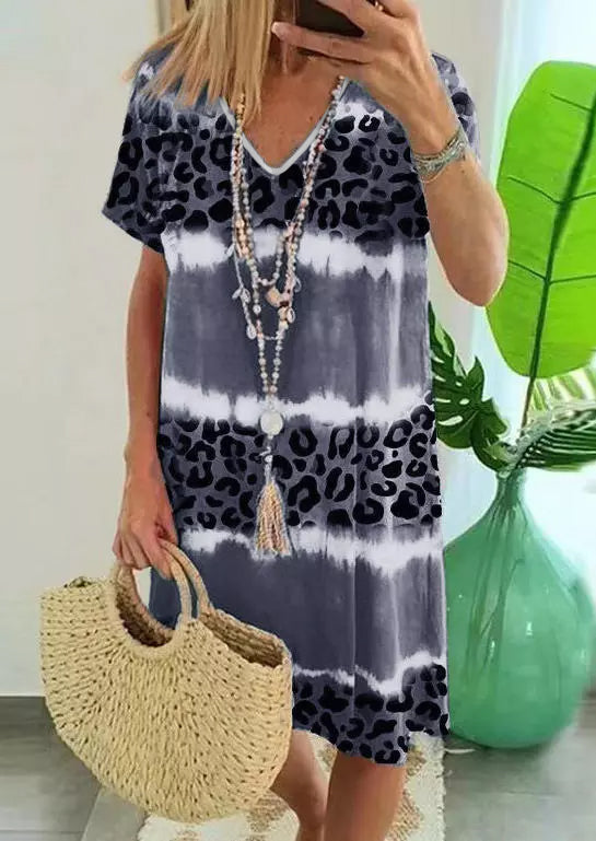 Grey Leopard Tie Dye Color Block V-Neck T-Shirt Dress