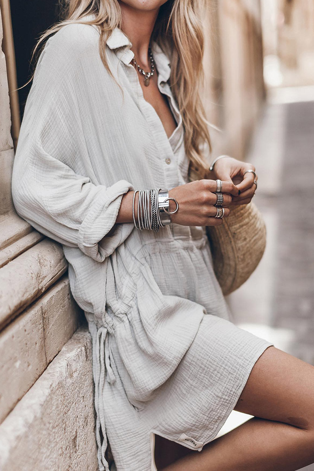 Gray Rolled-Up Sleeve Buttoned Drawstring Textured Dress