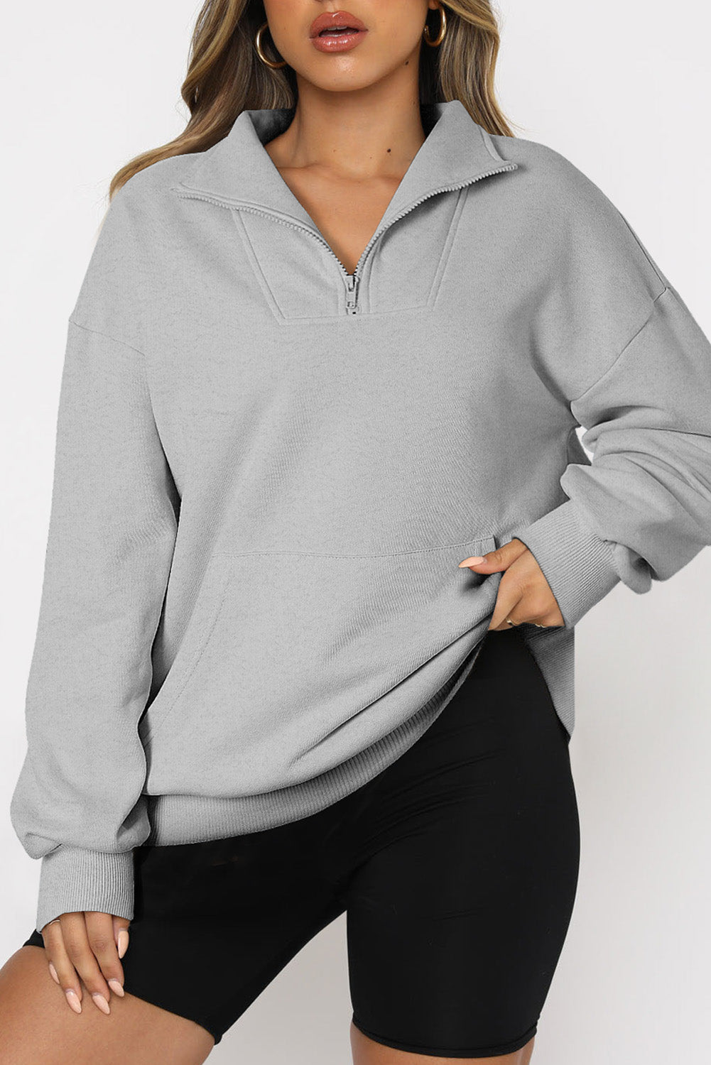 Gray Zipped Funnel Neck Kangaroo Pocket Sweatshirt