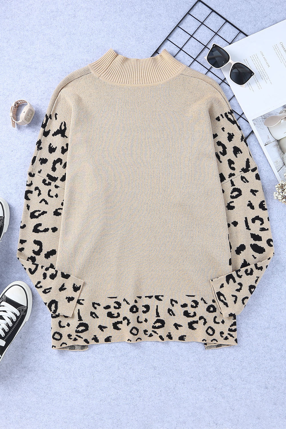 Khaki Leopard Casual Side Slit High Neck Oversized Sweater