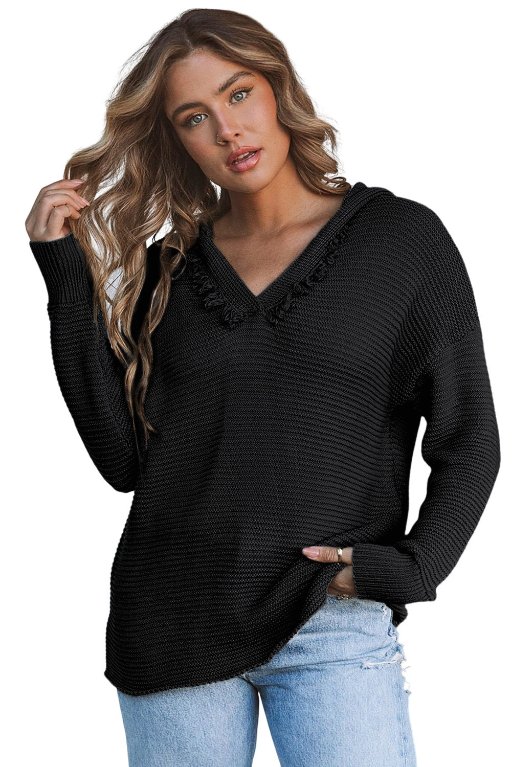 Black Split V Neck Pullover Knit Sweater Hoodie