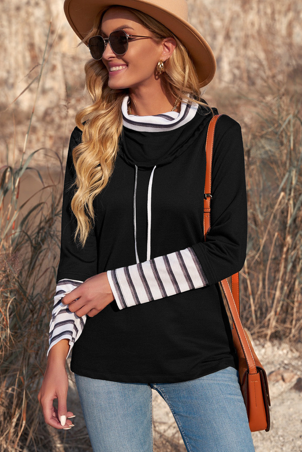 Black Stripes Detail Cowl Neck Drawstring Sweatshirt