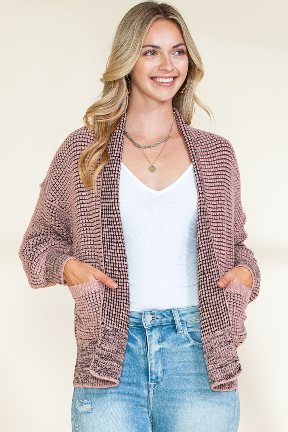 Black Chunky Knit Pockets Drop Sleeve Cardigan