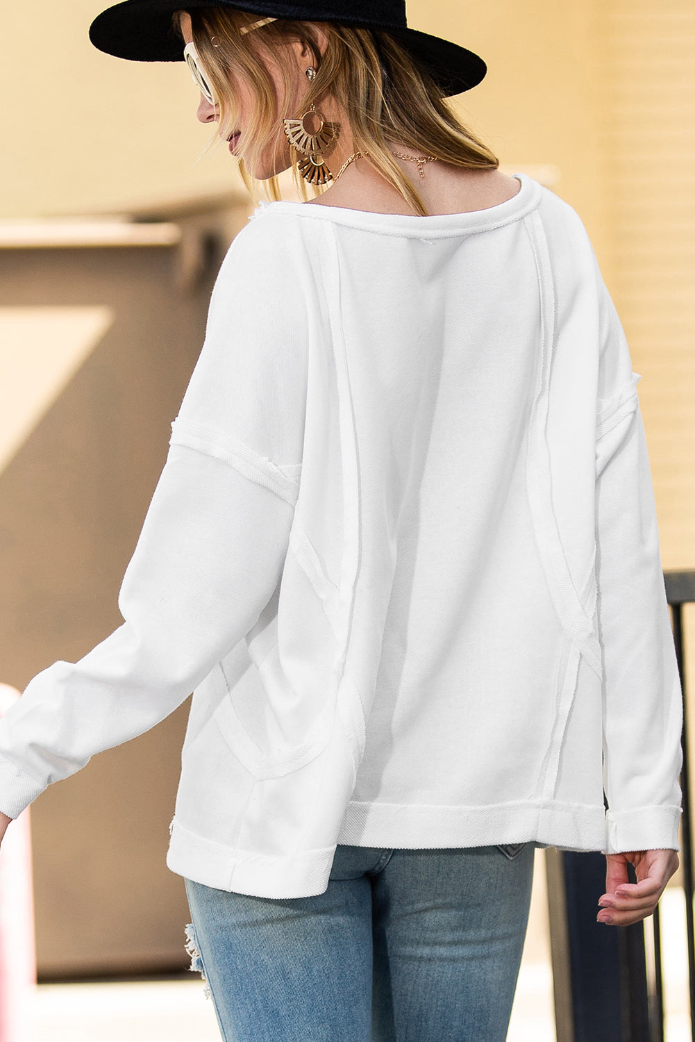 White Drop Shoulder Exposed Seam Oversized Sweatshirt