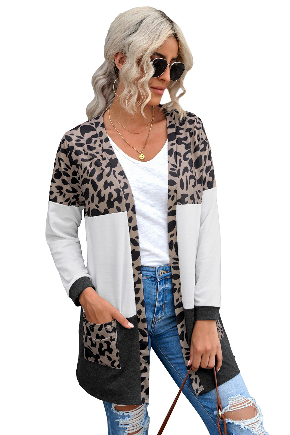 Leopard Block V Neck Cardigan With Pockets