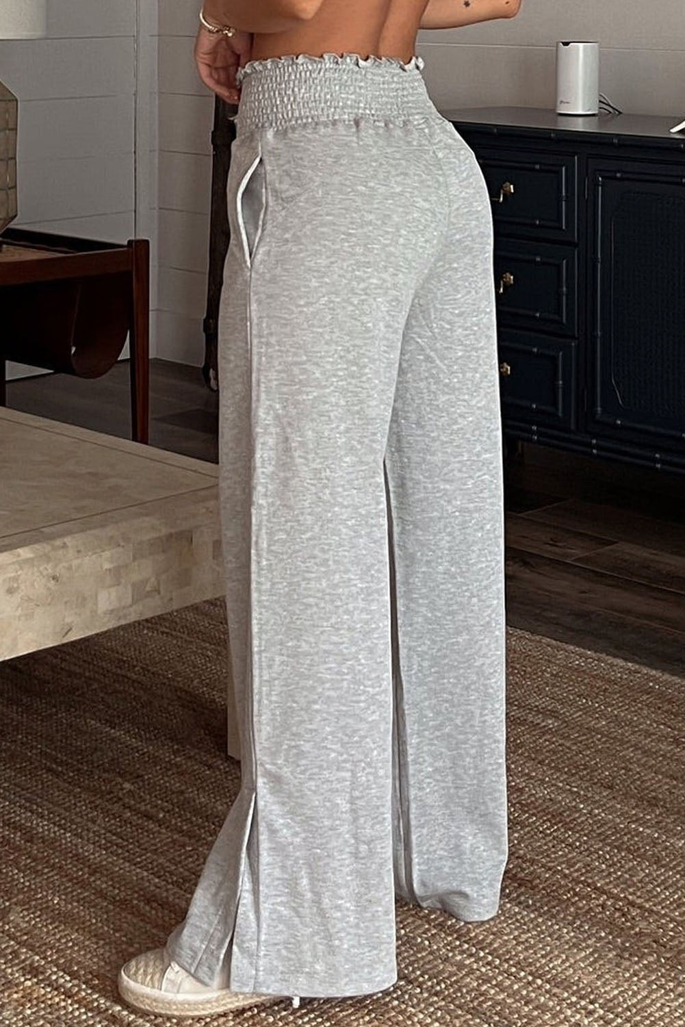 Grey Elastic High Waisted Wide Leg Sweatpants