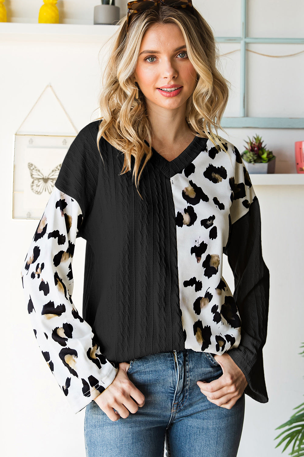 Black V Neck Leopard Colorblock Patchwork Long Sleeve Top