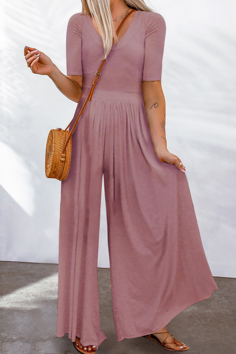 Gray Plain Basic Short Sleeve Wide Leg Jumpsuit