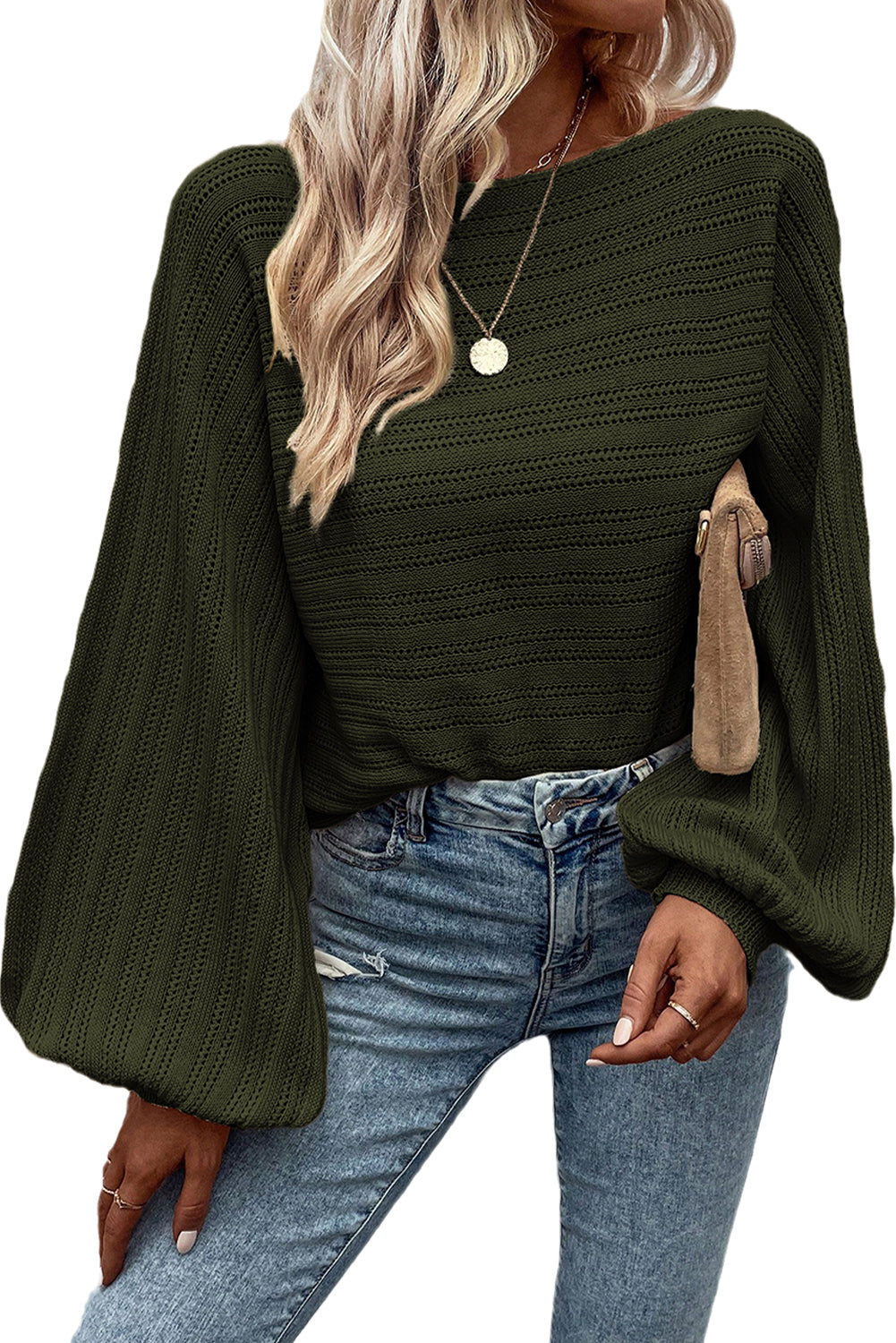 Pickle Green Casual Lantern Sleeve Eyelet Knit Sweater