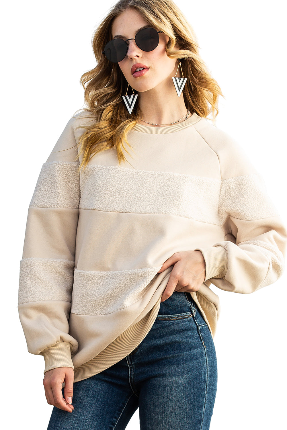 Oatmeal Patchwork Long Sleeve Pullover Sweatshirt