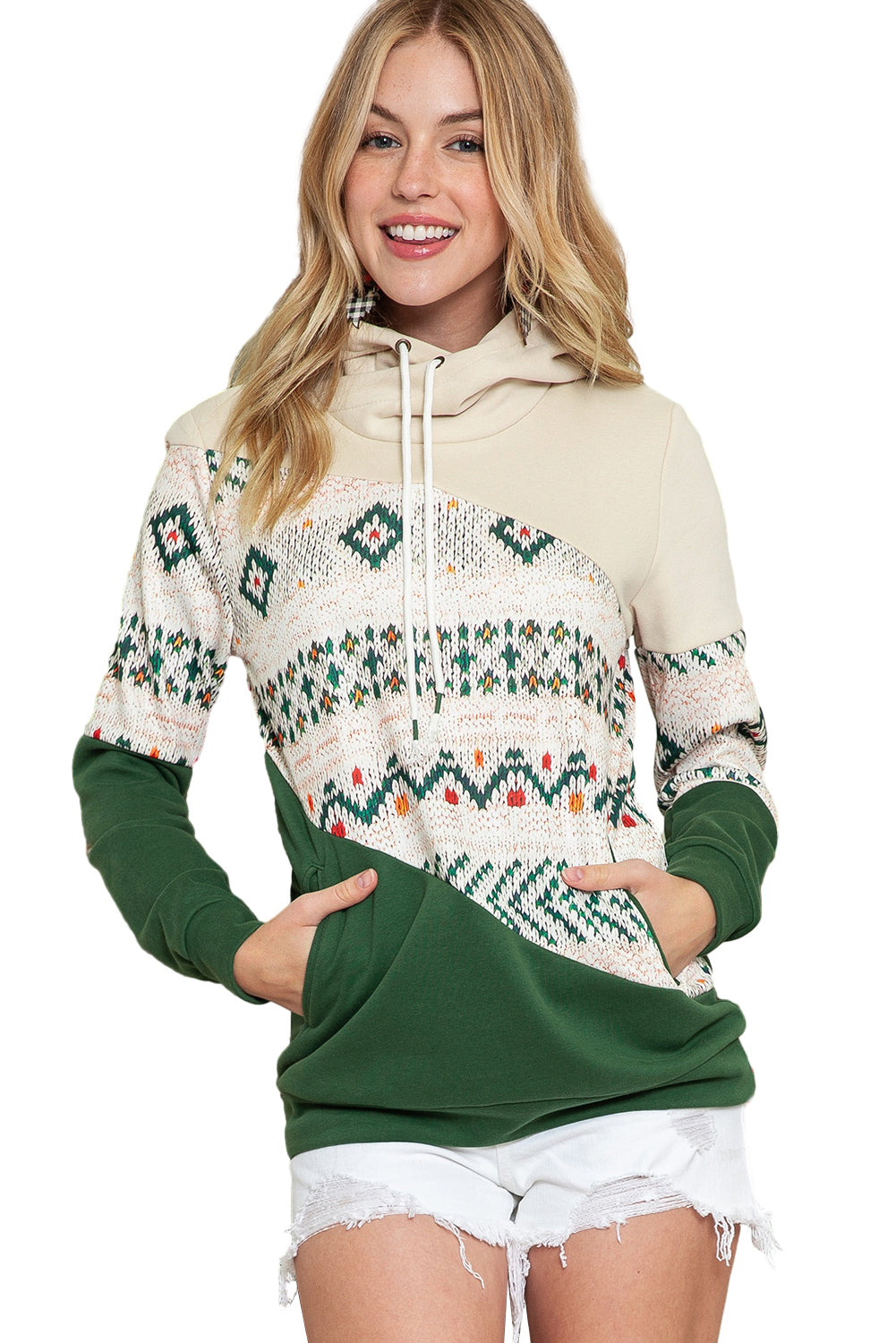 Green Geometric Patchwork Kangaroo Pocket Hoodie