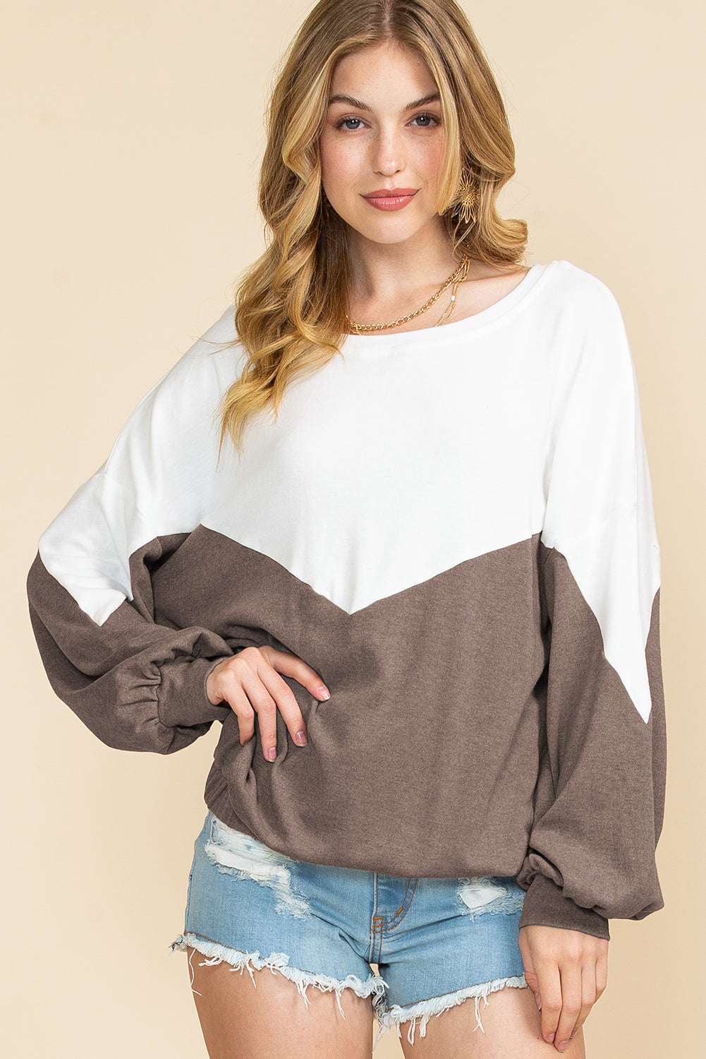 Khaki Colorblock Back Keyhole Elastic Hem Sweatshirt