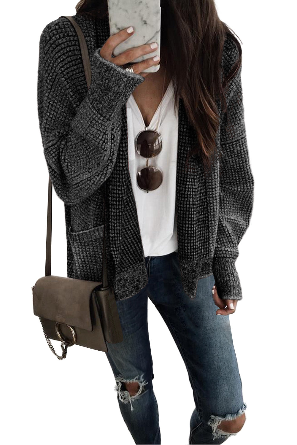 Black Chunky Knit Pockets Drop Sleeve Cardigan