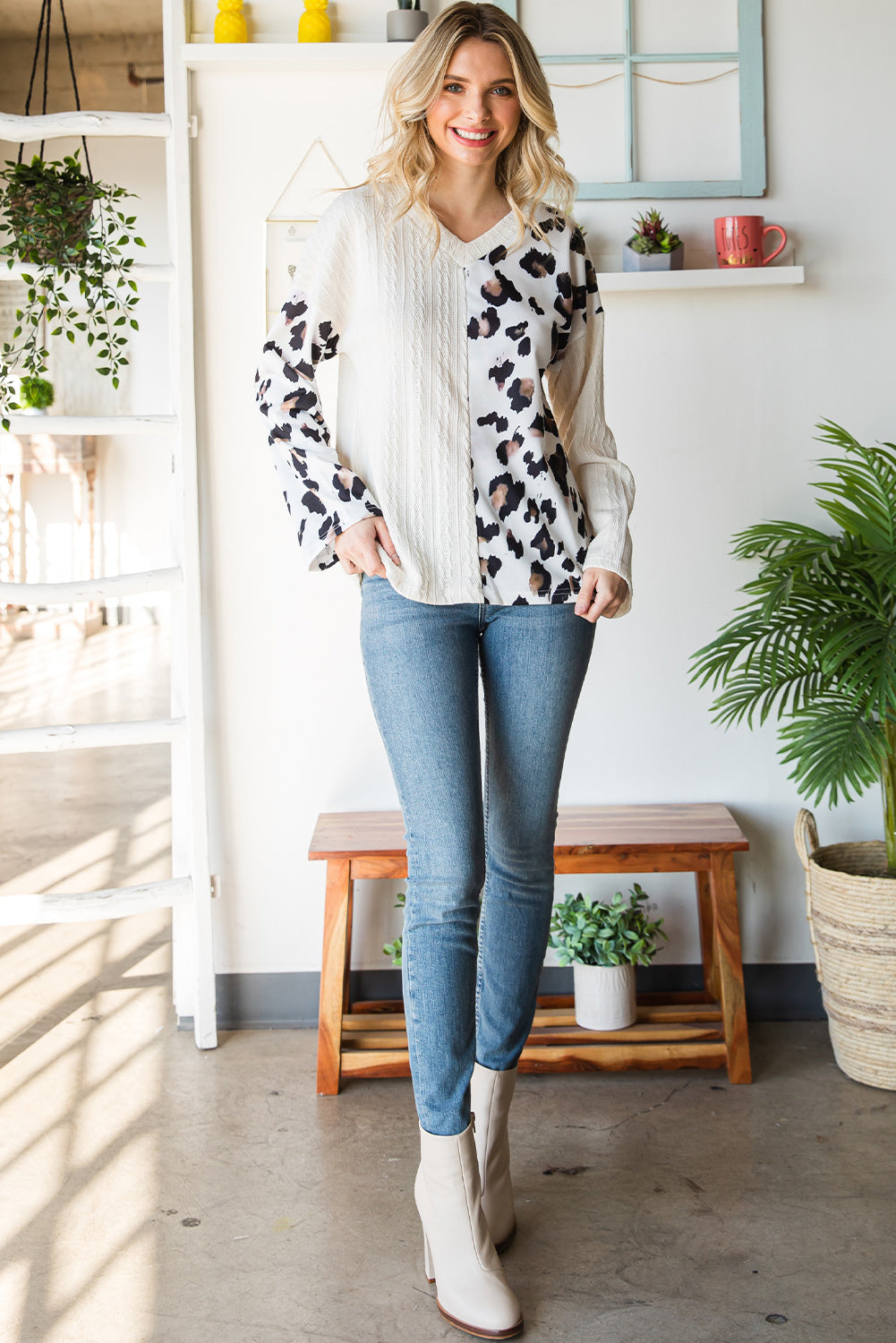 Black V Neck Leopard Colorblock Patchwork Long Sleeve Top