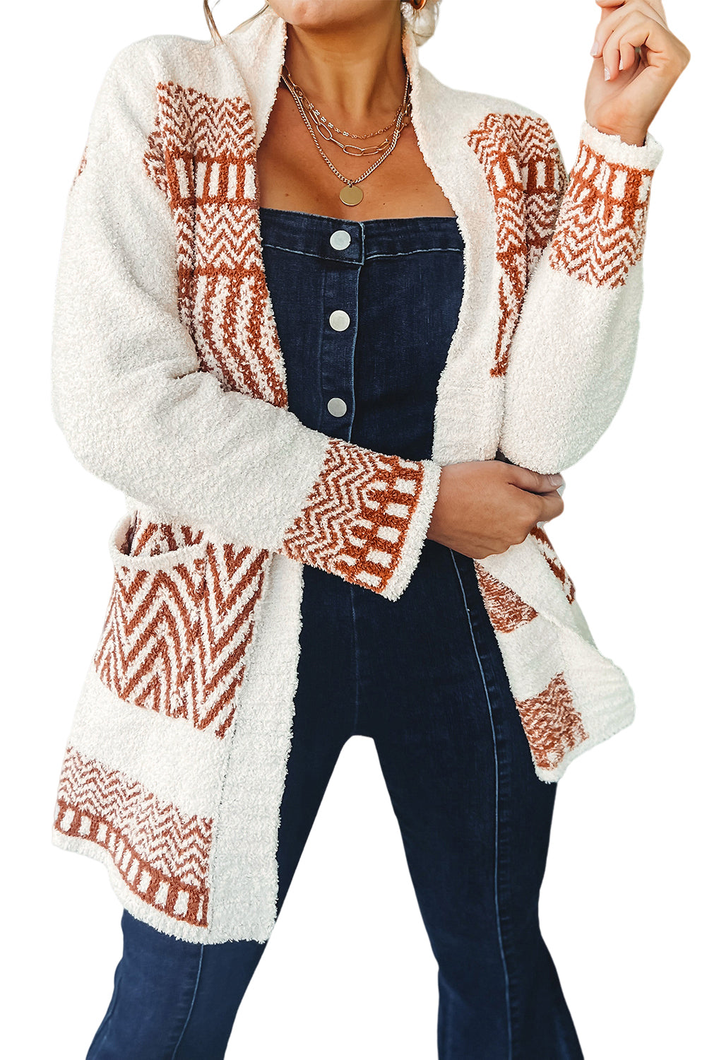 White Geometric Print V Neck Belted Cardigan