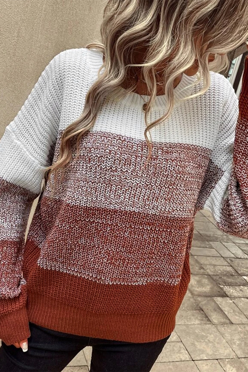 Brown Color Block Drop Shoulder Ribbed Trim Sweater