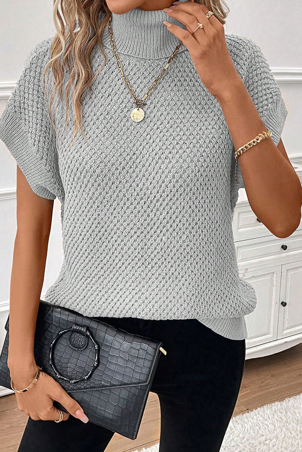 Khaki Ribbed Turtleneck Textured Short Sleeve Sweater