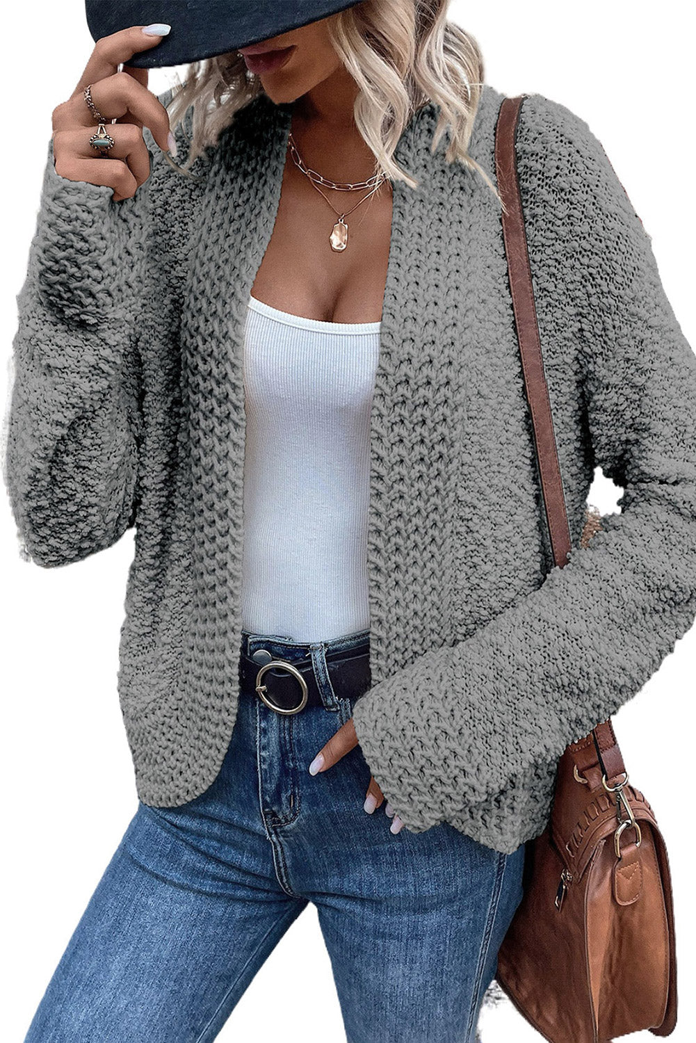 Gray Popcorn Knit Open Front Cardigan