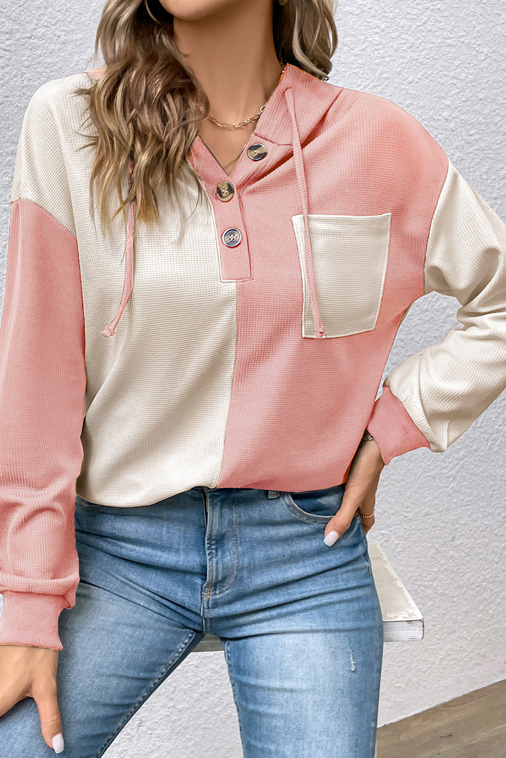 Peach Blossom Textured Color Block Pocketed Henley Hoodie