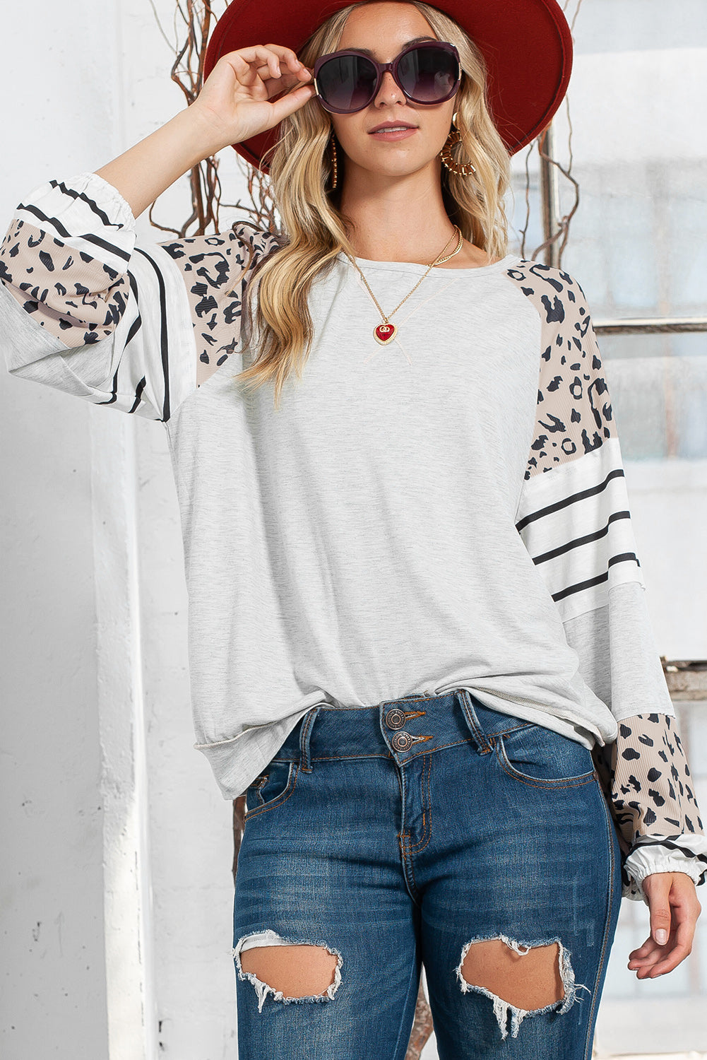 Grey Leopard Print and Striped Pullover Long Sleeve Top