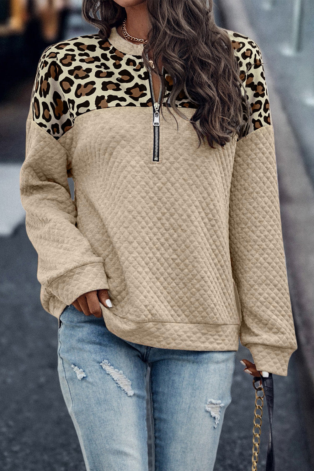 Apricot Leopard Quilted Drop Shoulder Half Zipped Sweatshirt