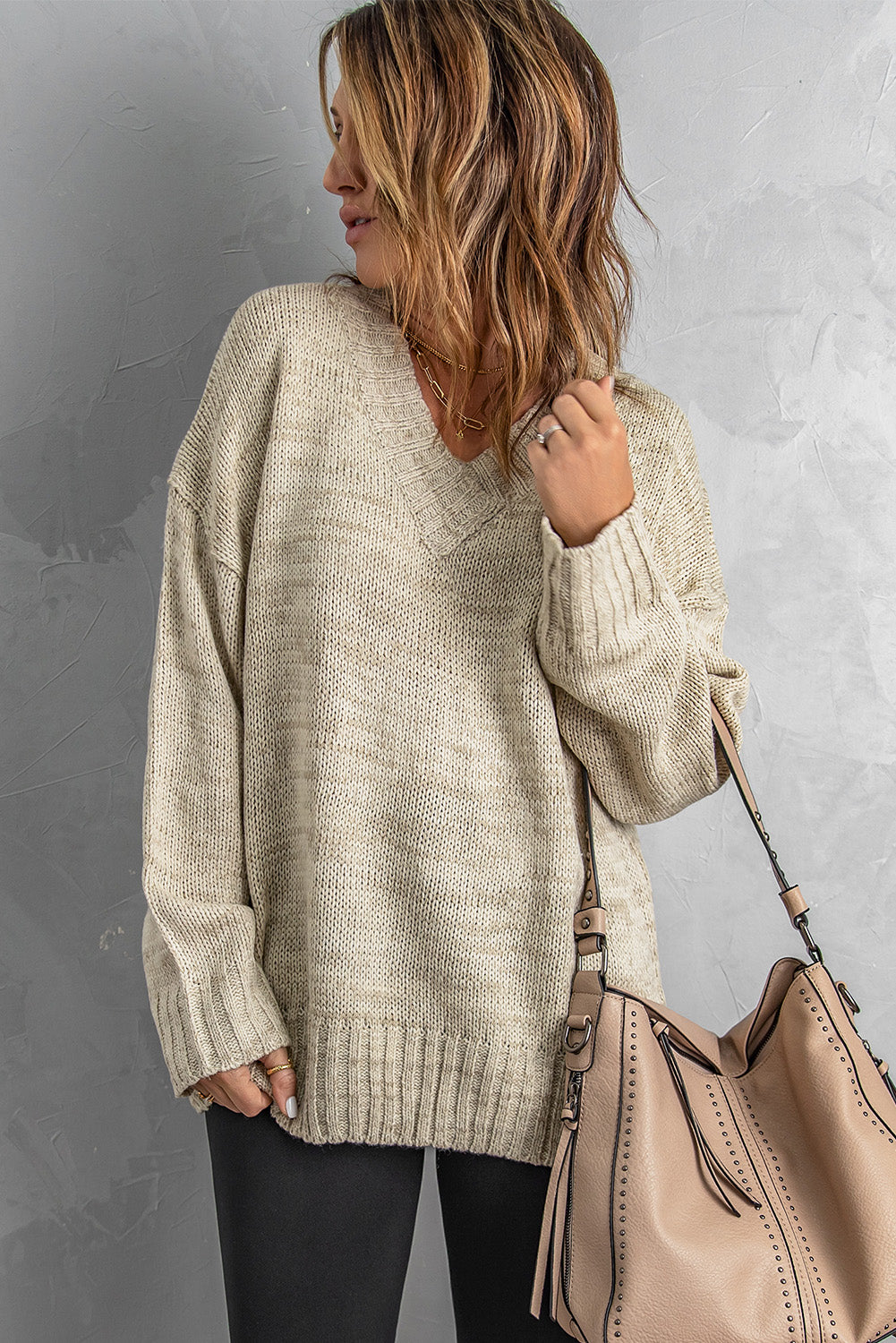 White V Neck Drop Shoulder Knitted Sweater