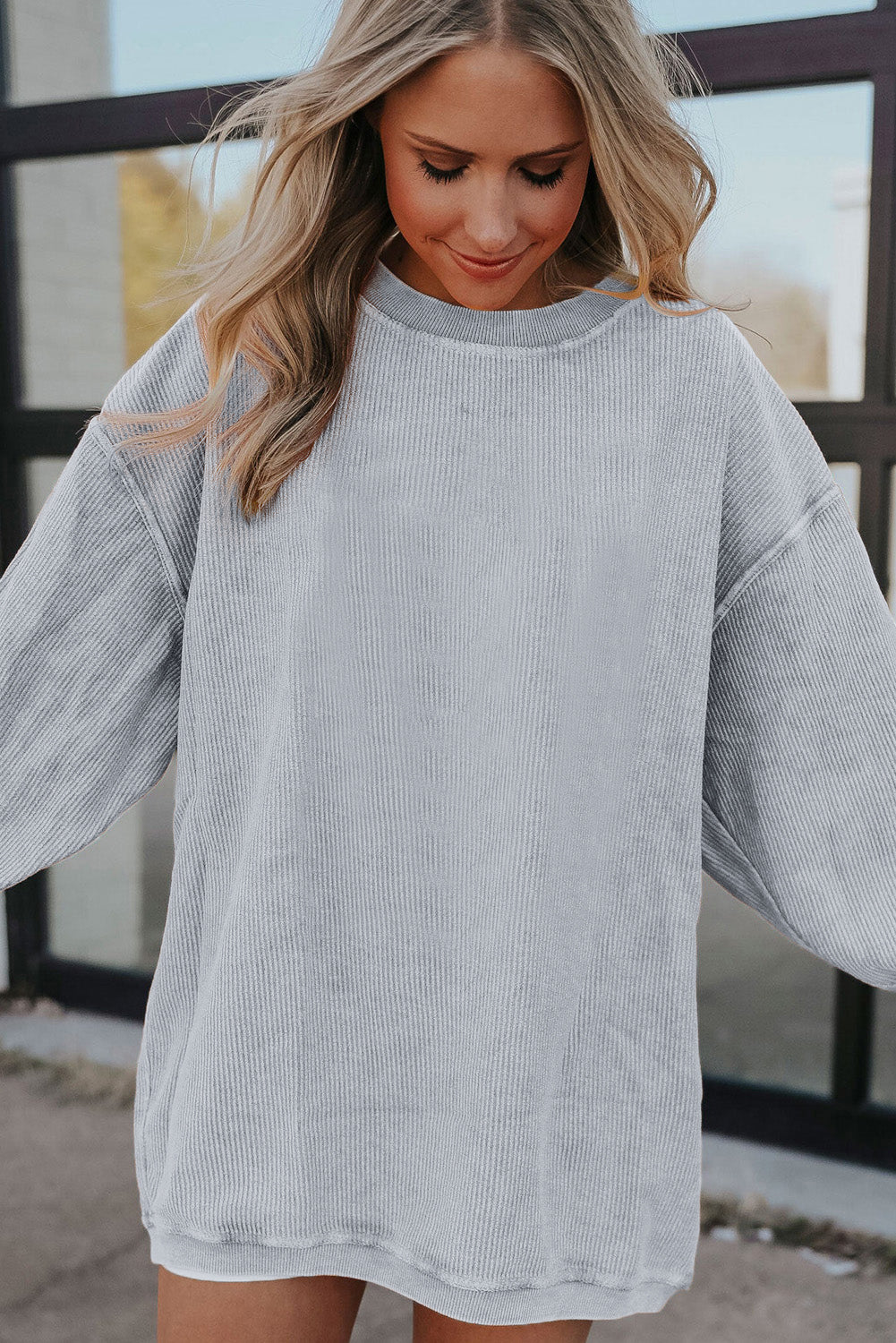 Apricot Drop Shoulder Ribbed Oversized Sweatshirt