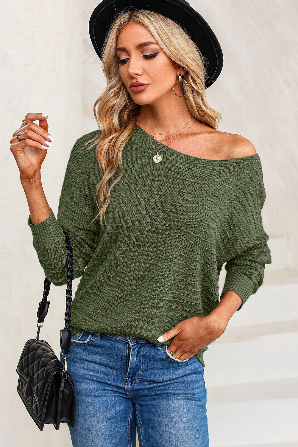 Gray Textured Knit Round Neck Dolman Sleeve Sweater