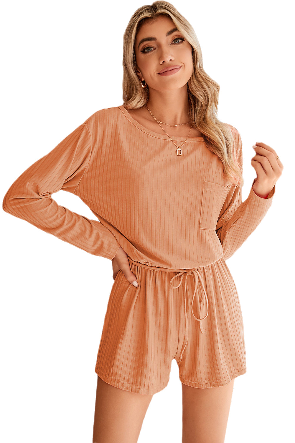 Orange Ribbed Drawstring Waist Long Sleeve Romper