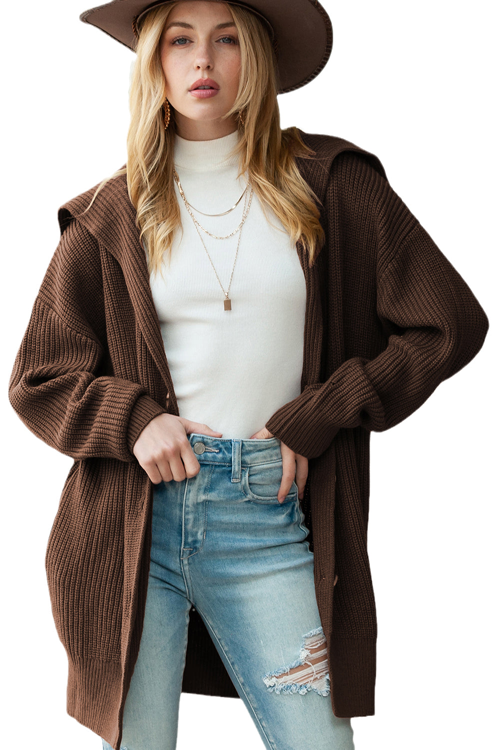 Brown Pocketed Button Up Chunky Knit Cardigan