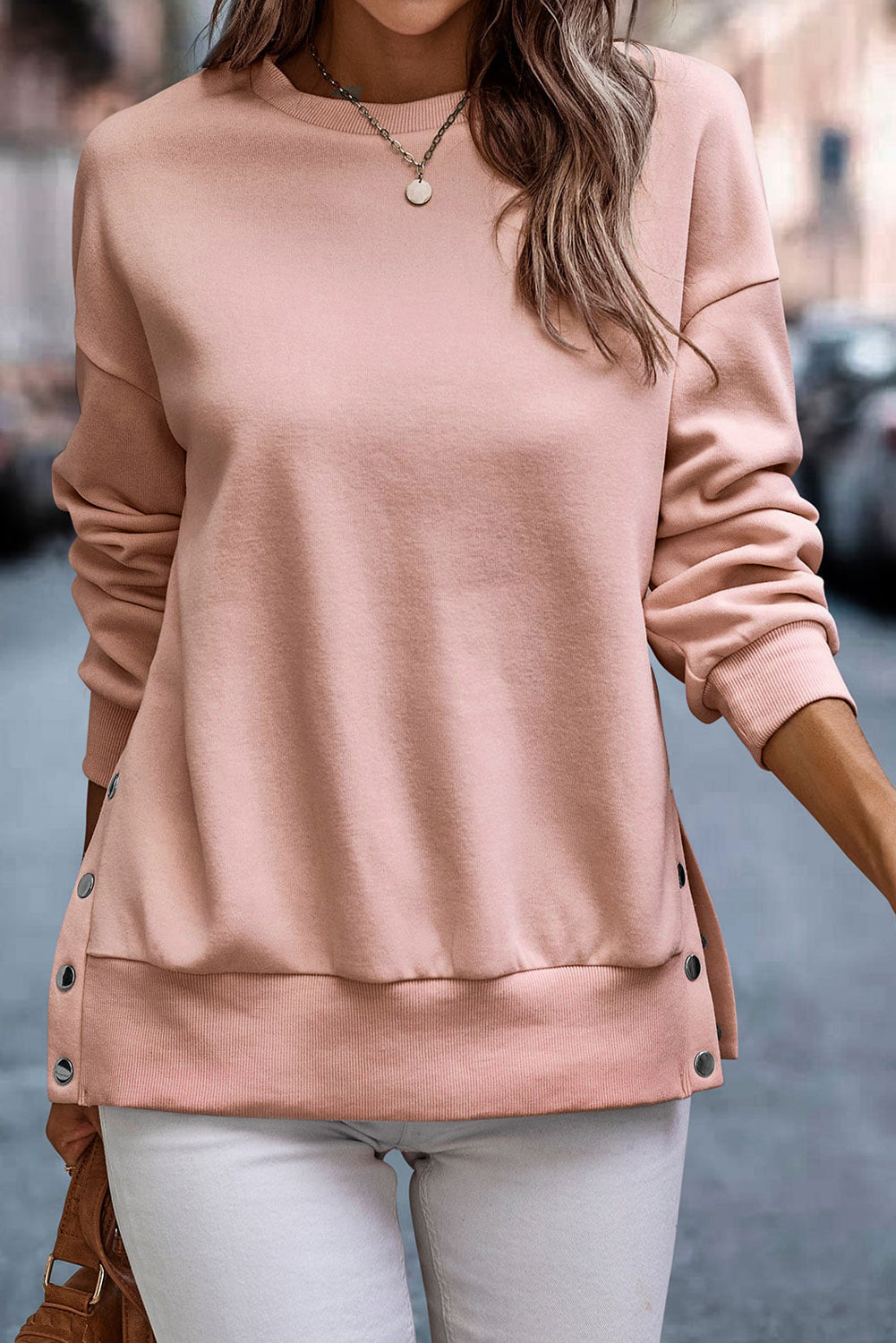 Light Pink Snap Button Side Slits Solid Color Sweatshirt