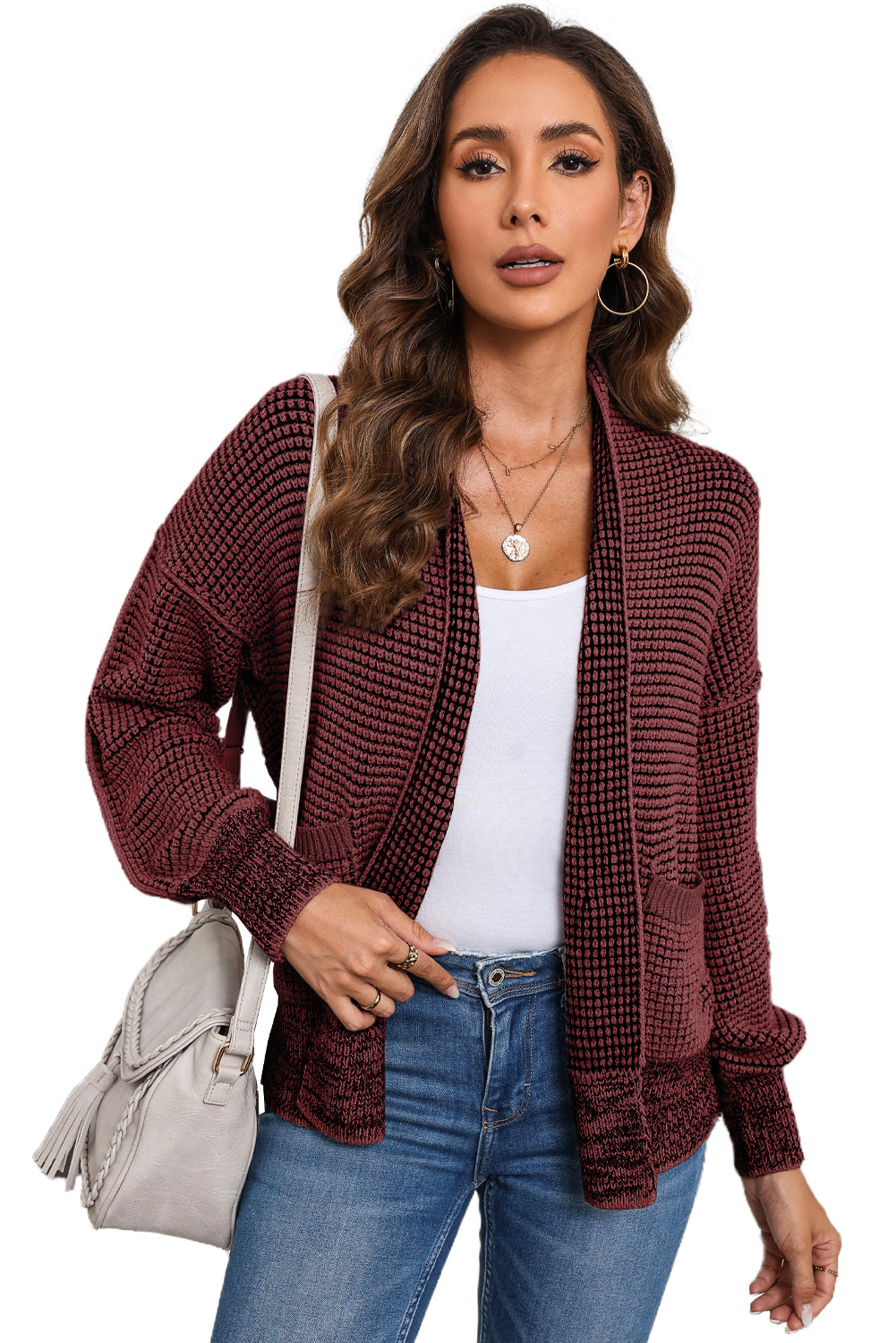 Black Chunky Knit Pockets Drop Sleeve Cardigan