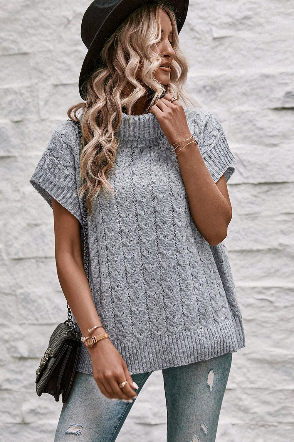 Medium Grey Turtleneck Short Batwing Sleeve Cable Knit Sweater