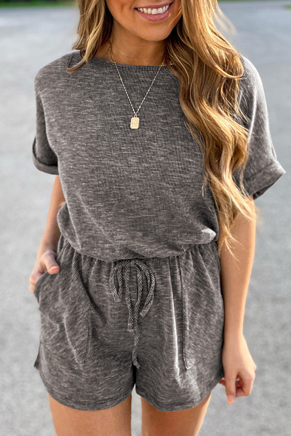 Gray Solid Casual Ribbed Elastic Waist Romper