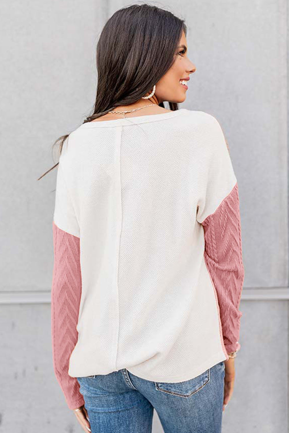 Peach Blossom Long Sleeve Patchwork Pocket Textured Knit Top